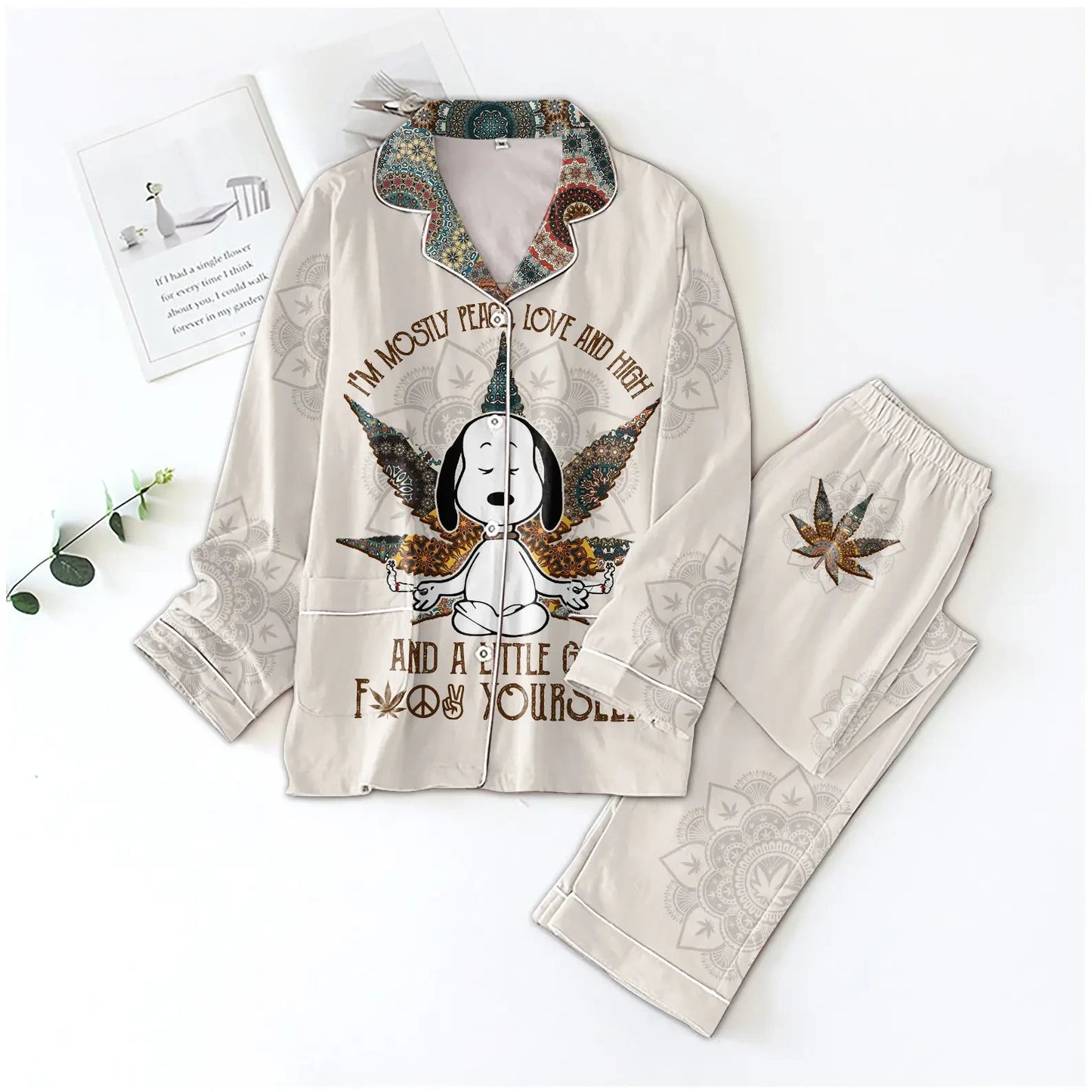 SNP Peace Love And High Premium Lapel Pajamas Set
