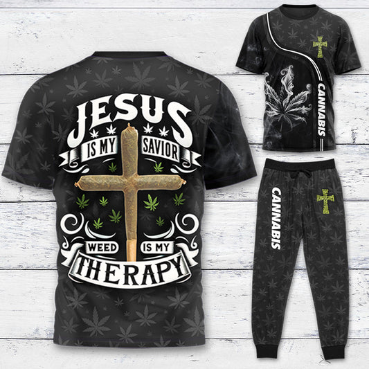 Jesus Is My Savior Weed Is My Therapy T-shirt And Pants Set (Mystery Tee Included)